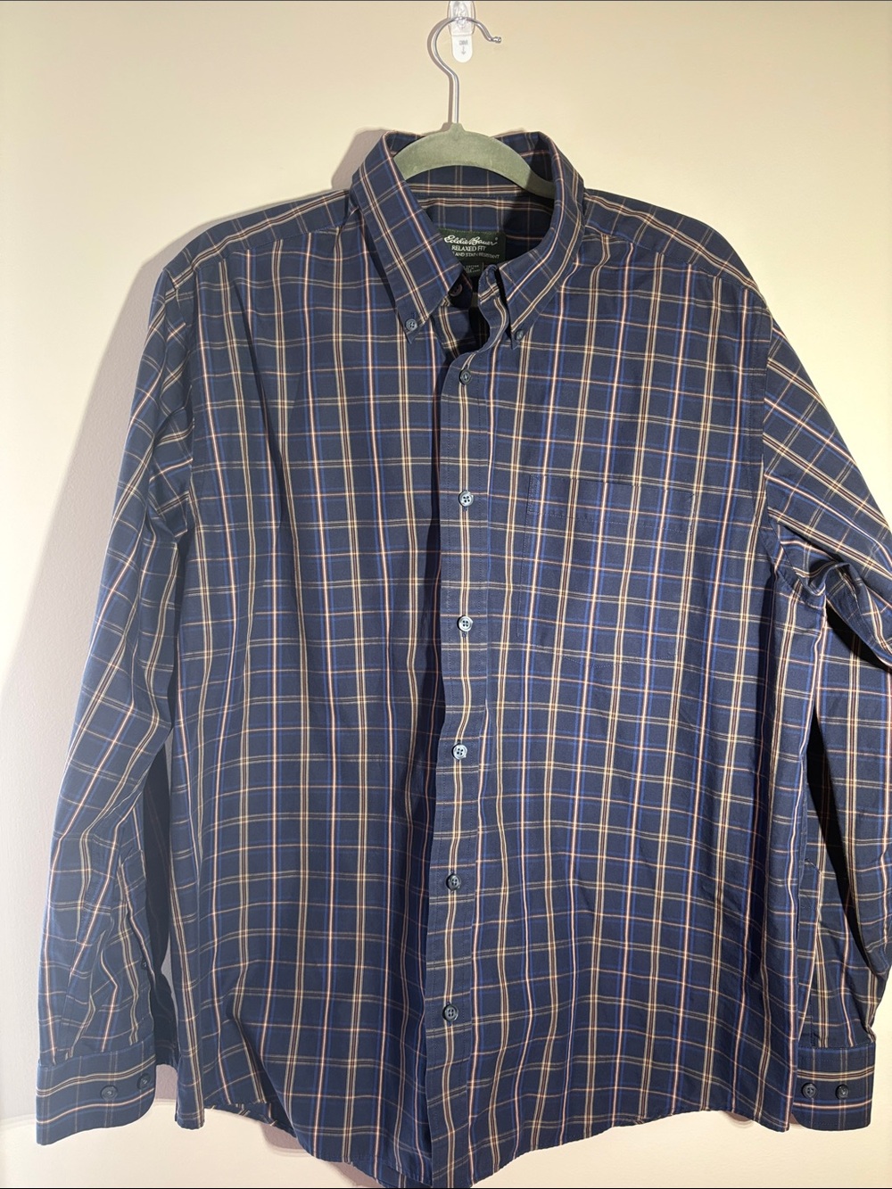 Eddie Bauer Blue and Tan Plaid Button-Down Shirt
